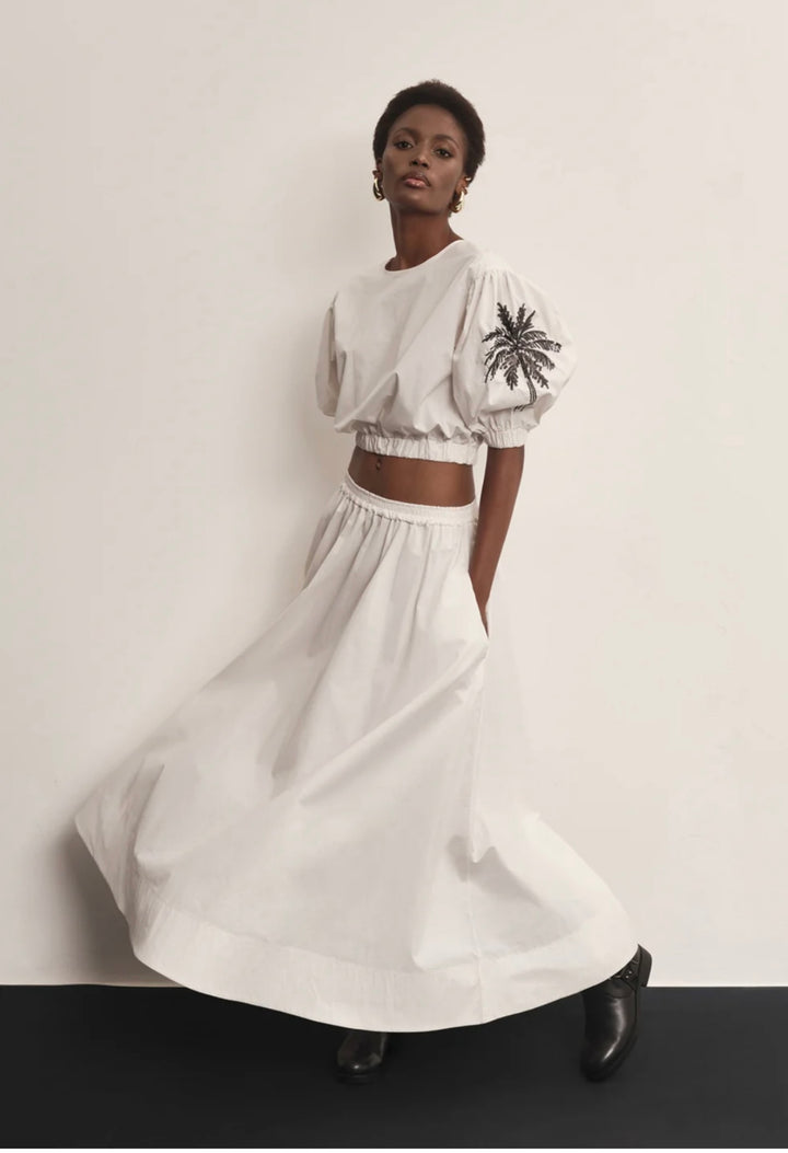 poplin top with palm embroidery and elastic at bottom
