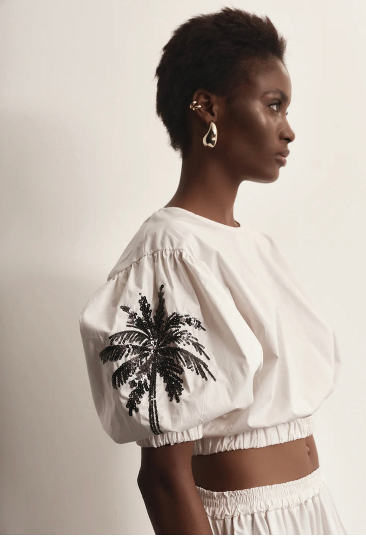 poplin top with palm embroidery and elastic at bottom